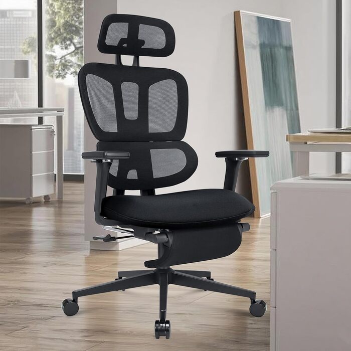 Ергономічне офісне крісло з підставкою для ніг, крісло для роботи з високою спинкою та подвійною спинкою, 2D-підголівник, відкидні підлокітники, губчасте сидіння, сітчасте крісло, крісло керівника, комп&39ютерне крісло для дорослих, чорне