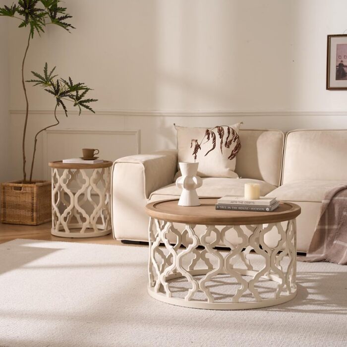 Круглий журнальний столик, дерев&39яний стіл для вітальні з ажурними ніжками, сучасний диванний столик з піднятими краями для вітальні/спальні, круглий журнальний столик Ø76x41см (Ø76x41см)