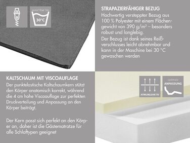 Гостьовий матрац Traumnacht de Luxe з високоякісним в&39язкоеластичним топпером та сучасним чохлом, 75 x 195 x 14 см, світло-сірий, виготовлений за німецькими стандартами якості. Гостьовий матрац чохол