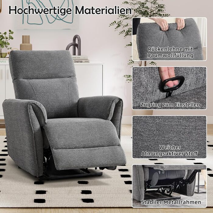 Крісло для телевізора EBELLO з функцією відкидання, регульоване ручне відкидання, одне відкидне крісло, вантажопідйомність до 150 кг, для вітальні/спальні, темно-сірий 1 темно-сірий