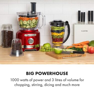 Багатофункціональний блендер Підставка Міксер Подрібнювач Кухонна терка Соковижималка Кухонний комбайн, 1000 Вт, Безступінчастий, 6 режимів, без BPA, 3 літри, 3 л мірний стакан, лопатка, червоний