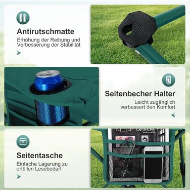 Кемпінгове крісло, 2 шт., складне крісло, кемпінгове крісло з підставками для чашок, складне крісло, кемпінгове рибальське крісло з підлокітниками, вуличне крісло зеленого кольору, 39S CAMP