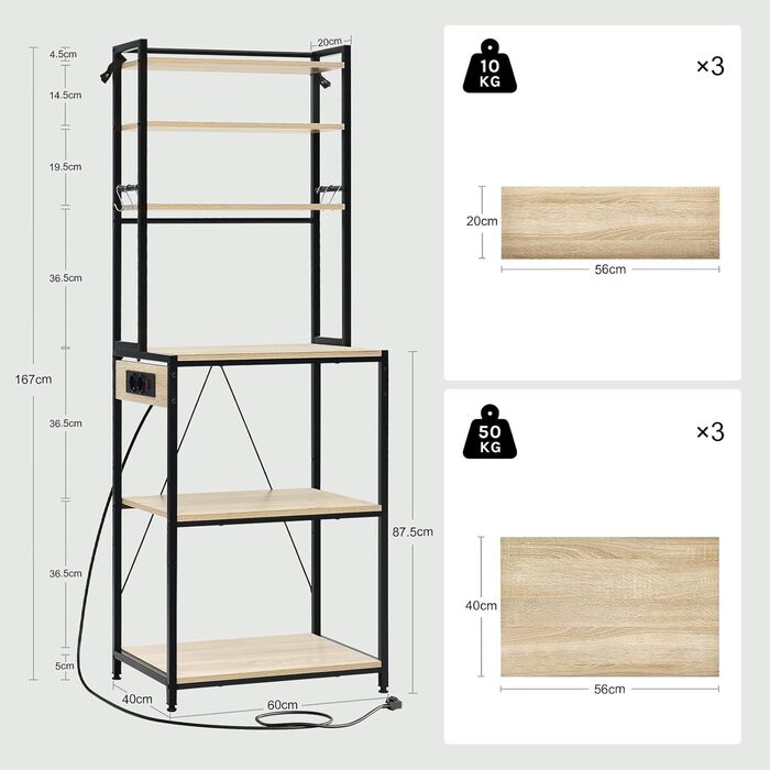 Кухонна полиця WOLTU на 6 рівнів з розетками, полиця для мікрохвильової печі з 6 гачками, полиця для пекаря з металевим каркасом, регульована полиця, чорнийсвітлий дуб, 60 x 167 x 40 см чорнийсвітлий дуб 60 x 39,5 x 167 см