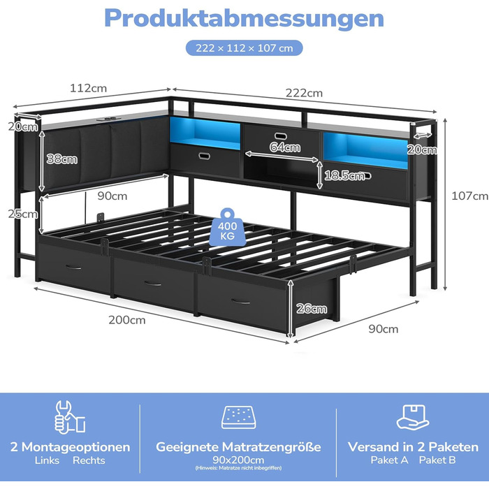 Диван-ліжко зі світлодіодним освітленням та зарядною станцією (2 розетки змінного струму 2 USB-порти), дитяче ліжко 90x200 см з 6 шухлядами, кушетка 90x200 см, м&39яка спинка з прихованим місцем для зберігання речей