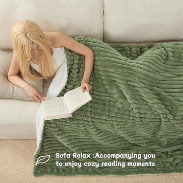 Товста плюшева ковдра Tofinel, пухнаста, 150x200 см - Маленька шерпа ковдра, шавлієво-зелена та ковдра для дивана, ковдра з імітації вовни, портативна тепла пухнаста пледка для вітальні та пікніка, флісова ковдра, 150x200 см, шавлієво-зелена 1