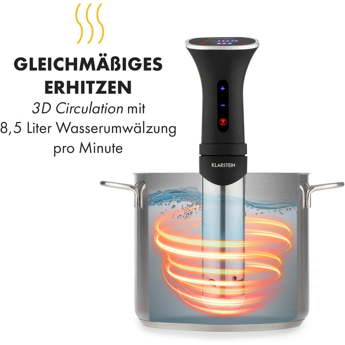 Плита Klarstein Sous Vide, ефективна паличка Sous Vide, плита Sous Vide, 1200 Вт, 20-95C, таймер, керування програмою, сенсорний дисплей, 3D-циркуляція, 10-15 літрів, нержавіюча сталь, чорний