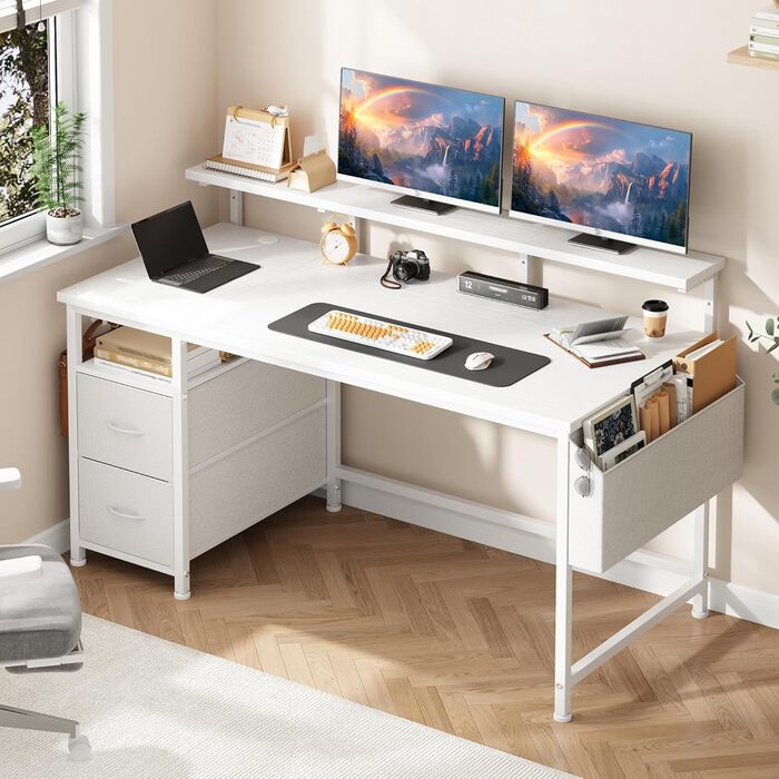 Письмовий стіл 140x48 см з 2 шухлядами, пропонує місце для зберігання, комп&39ютерний стіл, ігровий стіл з підставкою для монітора, 2 гачки для зберігання, відділення для організації кабелів, підходить для геймерів, працівників з дому, білий 140x48 см