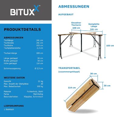 Комплект пивного намету BITUXX, комплект фестивального намету, пивний стіл, хрестовий стіл, стоячий стіл, Quattro, складаний, хрестоподібної форми, 241 см з підставкою для парасольки