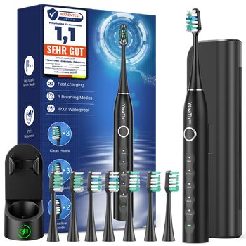 Електрична зубна щітка з 8 насадками (3 типи), звукова зубна щітка для дорослих, з таймером, до 120 днів роботи від акумулятора, 5 режимів чищення, дорожній футляр, настільна зарядна станція, колір чорний