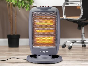 Галогенна нагрівальна панель BEPER P203PAN011, 400/800/1200 Вт, 3 нагрівальні елементи, 3 рівні потужності, автоматичне горизонтальне коливання, функція ECO та автоматичне вимкнення, сіра