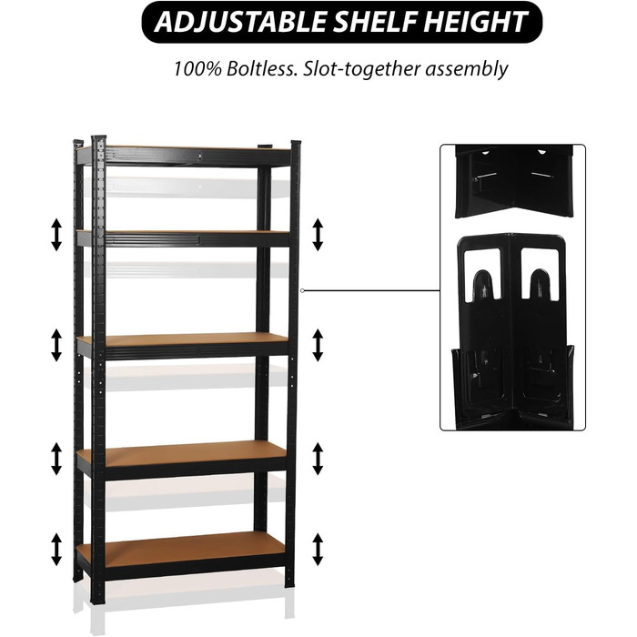 Високоякісний міцний стелаж, кріпильні елементи в комплекті, вантажопідйомність 875 кг, 5 регульованих, міцних полиць з МДФ для зберігання, підвалу, гаража, льоху, майстерні (чорний, 70x30x150 см)