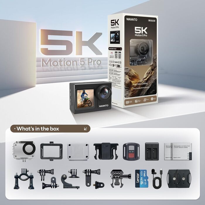 Підводна камера Ultra HD Сенсорний екран 170 Широкий кут, EIS стабілізація із зовнішнім мікрофоном 64 ГБ U3 Карта памяті, 5K 24MP Motion 5 Pro 40M
