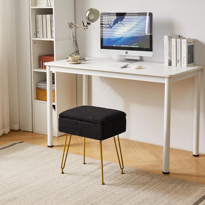 Туалетний стілець-стілець з місцем для зберігання, квадратний оксамитовий пуф Тедді, сучасний багатофункціональний макіяжний стілець для спальні, вітальні 40 x 30 x 47 см чорний HBD031B