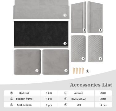 Оксамитовий диван Vesgantti, 2-місний, 164 см диван з кишенями з обох боків, 2-місний диван з 2 подушками та підлокітниками, двомісний диван для вітальні, спальні, офісу, складання без інструментів, 164Д*76Г*85В см, оксамит, сріблясто-сірий