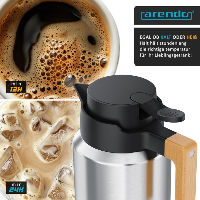 Термос з нержавіючої сталі 1 л - Подвійні стінки - 1200 мл - Нержавіюча сталь SUS 201/304 - Ручка з натурального бука - Швидке закриття - Герметичний - Знімна кришка - Без BPA