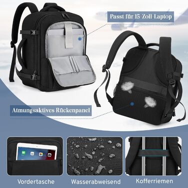 Рюкзак для ручної поклажі, розширювана дорожня сумка від 24 л до 30 л, водонепроникний рюкзак для ручної поклажі з вологим відділенням, ручна поклажа Ryanair 40x30x20 для 15-дюймового ноутбука для Ryanair, Lufthansa, чорний 40x30x20 см