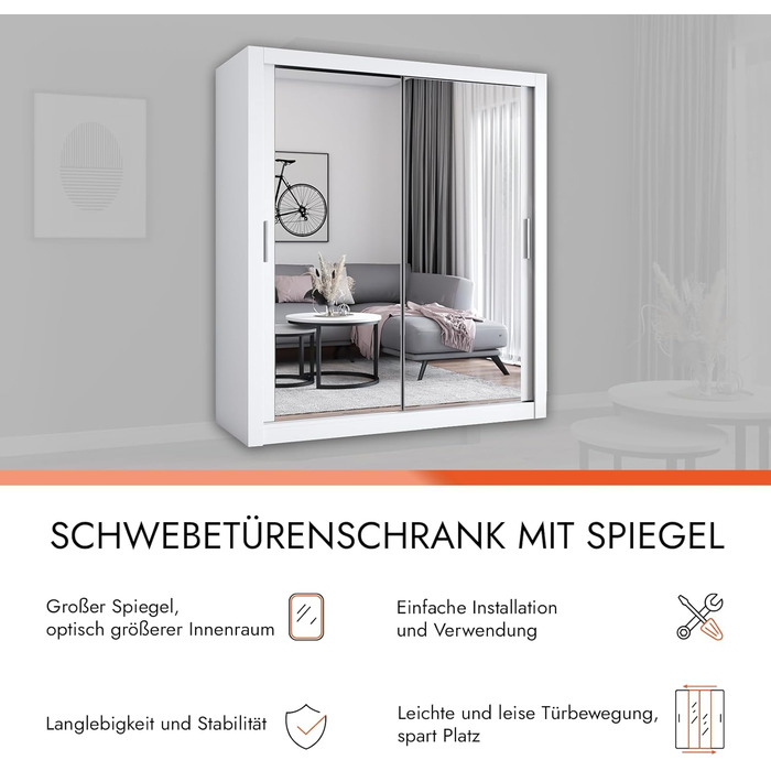 Шафа з дзеркалом - Шафа з розсувними дверима - Шафа для спальні - 64 x 180 x 215 см - Шафа для вітальні - Вішалка для одягу, Шафа з двома дверима, Сучасна 180 см Біла