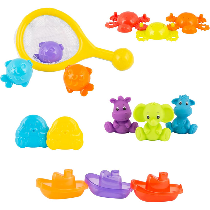 Набір для купання Playgro, 15 предметів іграшки для ванни, сітка для зберігання, тварини та кораблики, подарунок для малюків від 6 місяців