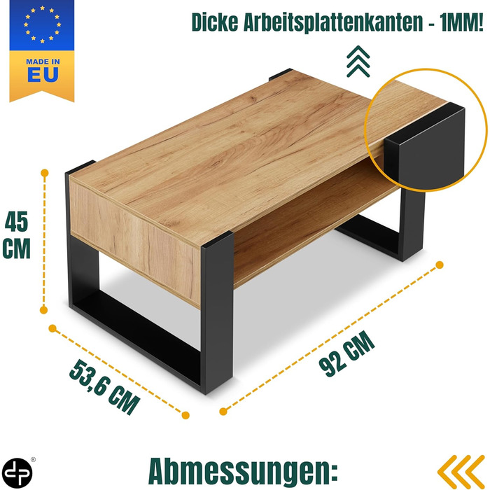 Журнальний столик для дивана Журнальний столик з чорного дуба з місцем для зберігання Сучасний стіл для вітальні Журнальний столик Маленький столик Журнальний столик шириною 92 см Міцний стіл для вітальні з чорного дуба