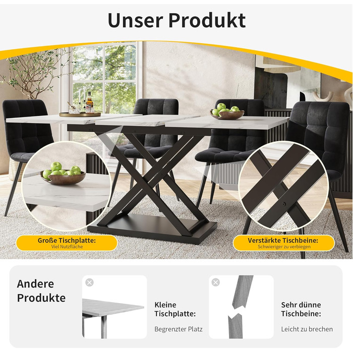 Розкладний обідній стіл Merax (120-16080 см), прямокутний мармуровий обідній стіл для 6-8 осіб, для кухні та вітальні, мармур