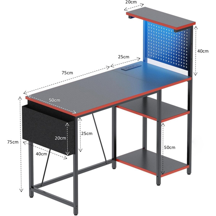 Ігровий стіл 100 x 50 см з перфорованою дошкою, розеткою, невеликим комп&39ютерним столом з двосторонніми полицями та сумкою для зберігання для домашнього офісу, чорного кольору.
