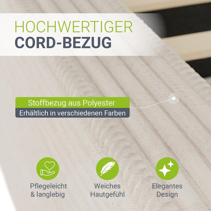 Ліжко Juskys Salerno з м&39якою оббивкою 180 x 200 см Cord Beige, сучасне ліжко з узголів&39ям та узніжжям, міцний каркас з дерева та металу, рейкова основа, вантажопідйомність 500 кг, бежевий 180x200 см