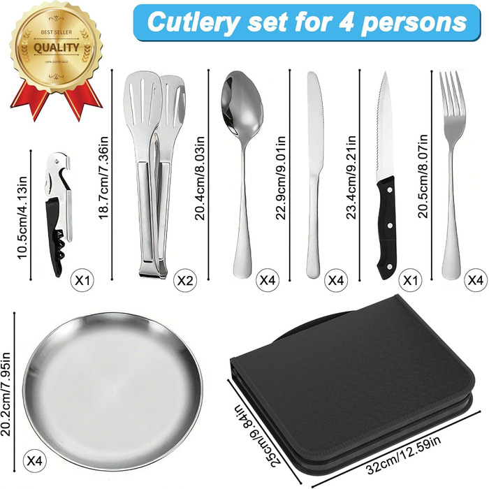 Набір посуду для кемпінгу на 4 особи, столові прибори з нержавіючої сталі (виделки, ножі та ложки), з чохлом для зберігання, портативний набір для пікніків, барбекю та відпочинку на природі