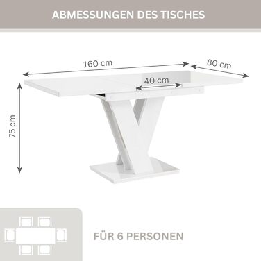 Розкладний обідній стіл (160 см) - 120x80x75 см - Сучасний - Обідній стіл - Обідній стіл - Стіл для їдальні, вітальні - Розкладний стіл - Білий глянцевий