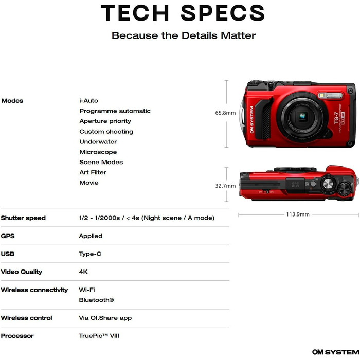 Цифрова камера OM System Tough TG-7 червона (наступник Olympus TG-6) TG-7 червона