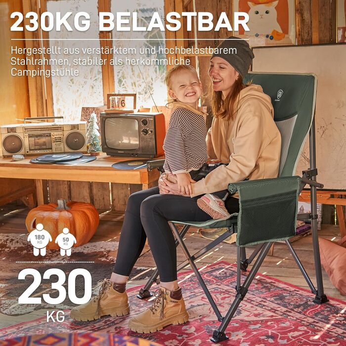 Складаний кемпінговий стілець EVER ADVANCED, вантажопідйомність 230 кг, XL-розмір, ширина сидіння 62 см з бічною кишенею та тримачем для напоїв, великий складний стілець, рибальський стілець для кемпінгу, використання на вулиці, балкон, сад, зелений, клас