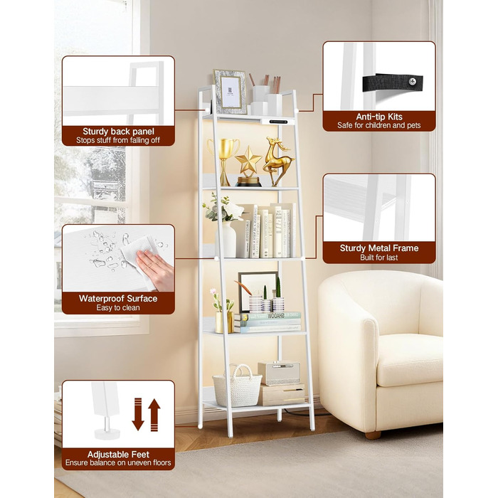 Ярусна вузька полиця-драбина зі світлодіодним підсвічуванням, сенсорним керуванням та дистанційним керуванням, 3 колірні температури, висока окремостояча полиця з регульованою яскравістю, виготовлена з металу та дерева для вітальні, спальні, офісу, біла, 