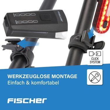 Комплект освітлення для велосипеда Fischer 80/40/20 люкс, комплект ліхтарів на батарейках, стоп-сигнал, передній та задній ліхтарі, з батарейками та функцією заряджання через USB, 3 функції освітлення, захист від бризок згідно з IP44, схвалено StVZO
