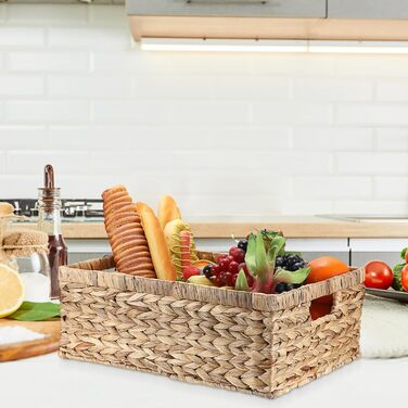 Плетений кошик для зберігання з водяного гіацинта з ручкою, плетений кошик з натуральними полицями, водонепроникний, для зберігання одягу, постільної білизни, фруктів, пива, іграшок, паперів, живих товарів (XL) 40,5x30,5x15 см