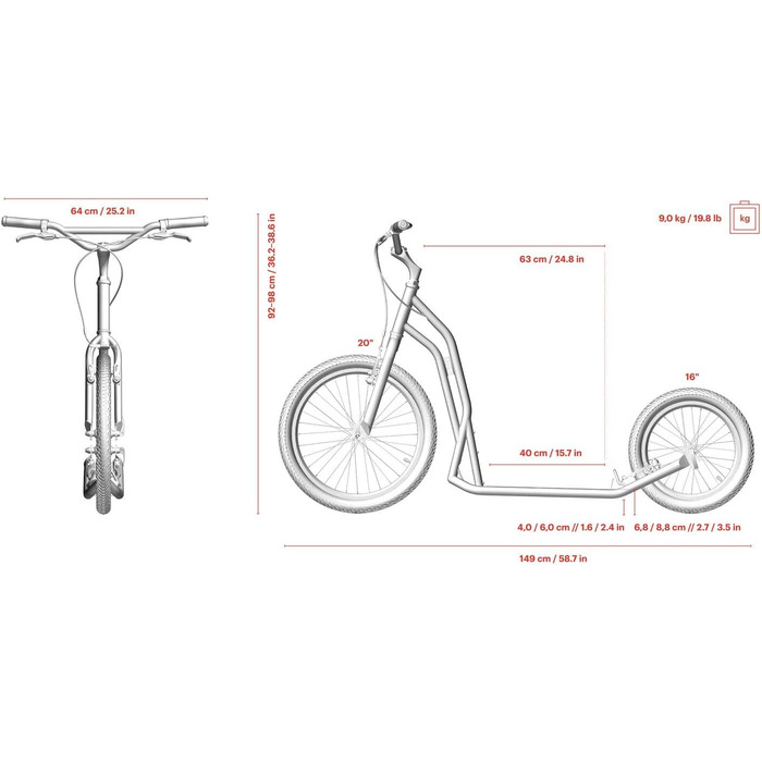 Самокат Yedoo S2016 - до 150 кг, самокат з пневматичними шинами 20/16 - для дорослих, самокат з регульованим кермом, самокат для с