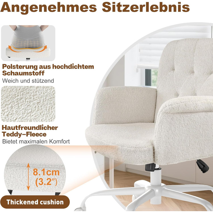 Офісне крісло ZZH для домашнього офісу, зручне, м&39яке, пухнасте крісло для туалетного столика з колесами та підлокітниками, миле поворотне комп&39ютерне сидіння з плюшевого оксамиту для спальні, макіяж, білий колір