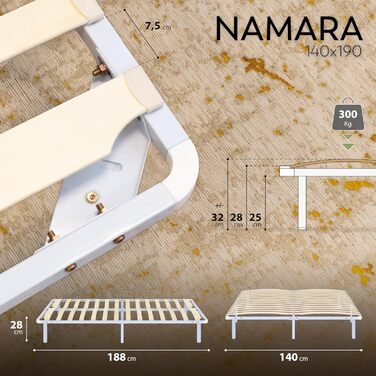 Металеве ліжко i-flair з рейковою основою NAMARA 140x190 см - Висота 28 см, стабільне гостьове ліжко з місцем для зберігання на ніжках, підходить для всіх матраців - Біле 140x190 см Біле