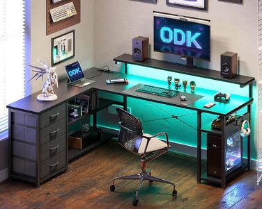 Письмовий стіл ODK з шухлядами, 155110 см, двосторонній кутовий стіл з 2 розетками та 2 портами USB для зарядки, L-подібний офісний стіл зі світлодіодним освітленням для домашнього офісу, чорний 155110 см