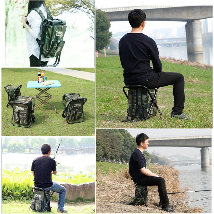 Складаний стілець для кемпінгу табурет Рюкзак Zology з ізольованою сумкою для пікніка з охолоджувачем, камуфляжне портативне туристичне сидіння Сумка для стільця для зовнішньої риболовлі в приміщенні Подорожі Пляжне барбекю