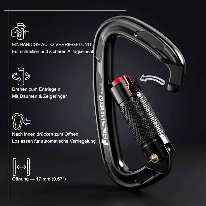 Карабін для альпінізму FresKaro 25kN, сертифікований CE, з поворотним замком, великий 10 см, швидкознімний та міцний, витримує максимум 2550 кг, підходить для альпінізму, спуску на веревках, повідків для собак, чорний та сірий, чорний - 2 шт.