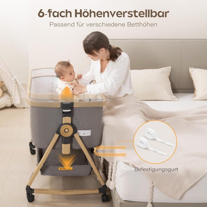 Дитяче ліжечко Maydolly 3-в-1 Універсальне ліжечко, дорожнє ліжечко та колиска, включаючи матрац та москітну сітку Регульована висота за допомогою коліщаток, складається та з сумкою для перенесення Сірий/сірий