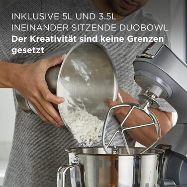 Кухонний комбайн Kenwood Titanium Chef Baker KVC85.004SI з вбудованими вагами, в т.ч. набір кондитерських виробів з 3 предметів, чаша для змішування 5 л і 3,5 л, безступінчастий регулятор швидкості, 1200 Вт, срібло