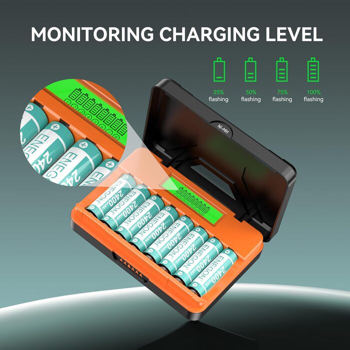Швидкий зарядний пристрій ENEGON на 8 батарейок типу AA/AAA з РК-дисплеєм 8 нікель-металгідридних батарей типу AA (2400 мАг), зарядна станція USB-C з відділенням для іграшок, мишей та електроніки