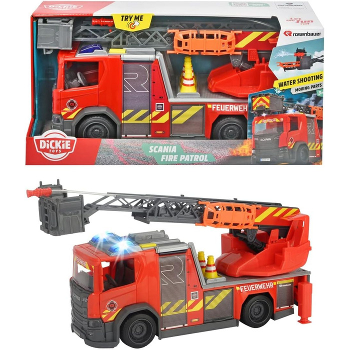 Пожежна драбина Dickie Toys Scania з поворотною драбиною, функція розпилення води, Rosenbauer, світло та звук, вкл. батарейки, з висувною поворотною драбиною та опорними ніжками, 25 см, червона