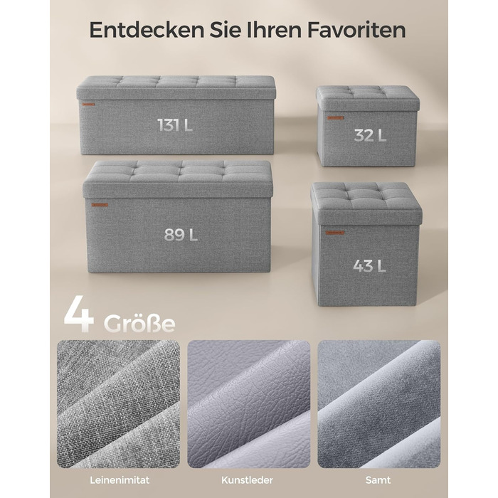 Пуф для зберігання SONGMICS, Складана лавка, Пуф для ніг 38 x 110 x 38 см, Коробка для зберігання, Вантажопідйомність до 300 кг, для вітальні, спальні, коридору, Попелясто-сірий LSF77G 110B см Попелясто-сірий