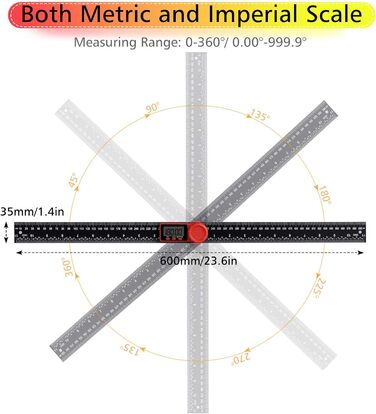 Цифрова багатокутна лінійка 2 в 1 для транспортира Aweohtle 360 з РК-дисплеєм і функцією HOLD і блокування для деревообробки, домашньої роботи, майстра - 300 мм/11 дюймів