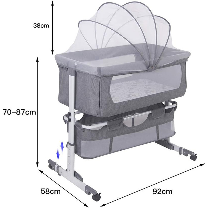 Дитяче ліжечко-тумбочка та окремостояче ліжечко, дитяче ліжечко-тумбочка для звичайних ліжок та ліжок з пружинним матрацом та колесами, дитяче ліжко Parents&39 Pride Complete Set (92 58 7090 см (сіро-біле))