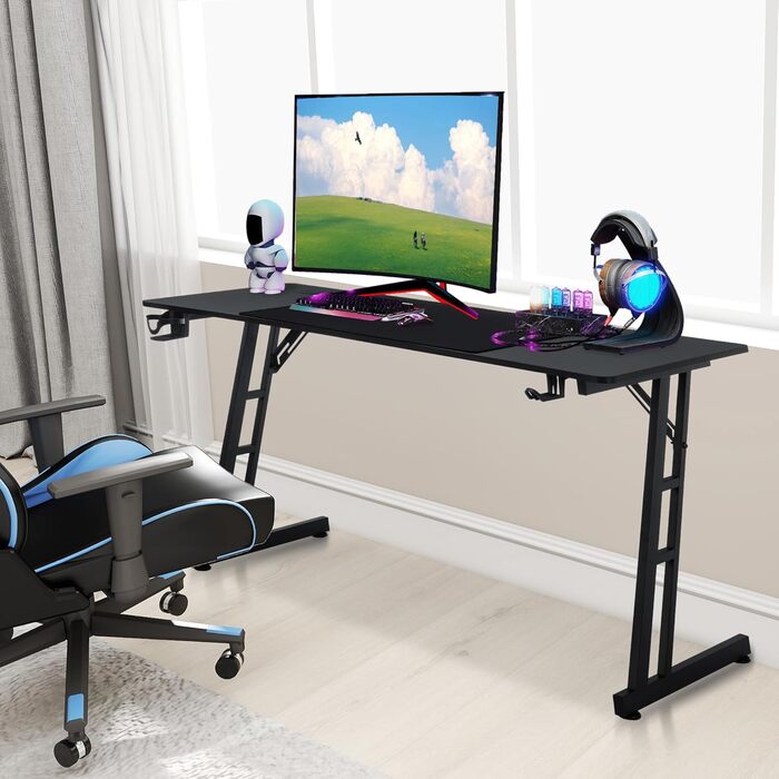 Ігровий стіл AufuN 140 x 60 см, Ігровий стіл зі світлодіодним підсвічуванням, гачком для навушників та тримачем для чашки, Міцний комп&39ютерний робочий стіл, Ігровий стіл для ПК (Тип B без світлодіодів) 140 x 60 см Тип B без світлодіодів
