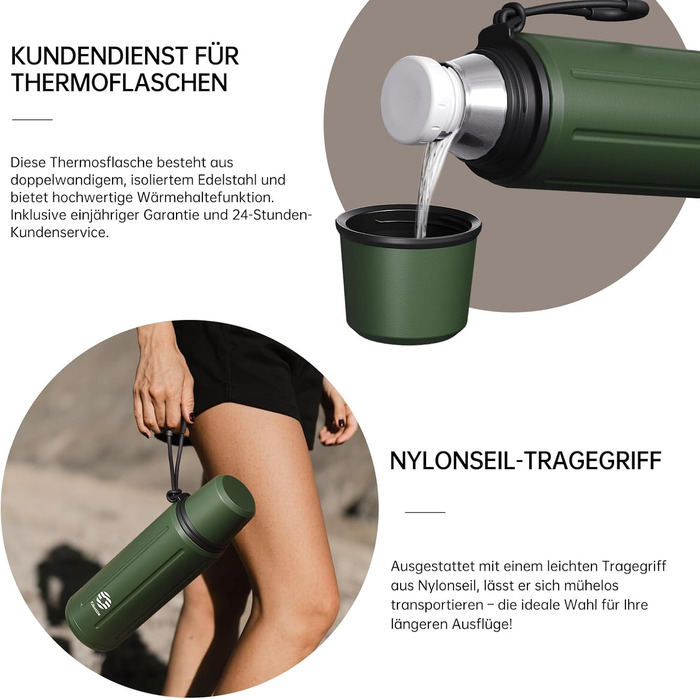 Термос з чашкою, 1 літр (зберігає холод 72 години та гарячий 24 години) Термопляшка для кави та чаю, зі знімним дном та фільтром, підходить для подорожей, офісу та школи (зелена)