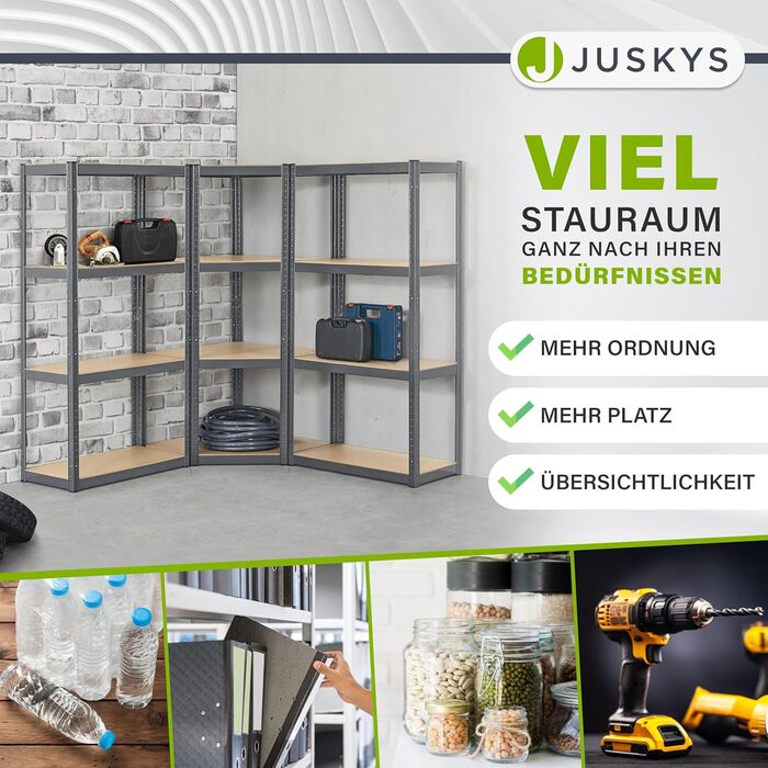 Секційна металева стелажна система Juskys Easy - 1 кутова полиця та 2 полиці для зберігання - 12 полиць з МДФ - 960 кг - надміцний стелаж, без болтів, сірий, 3-