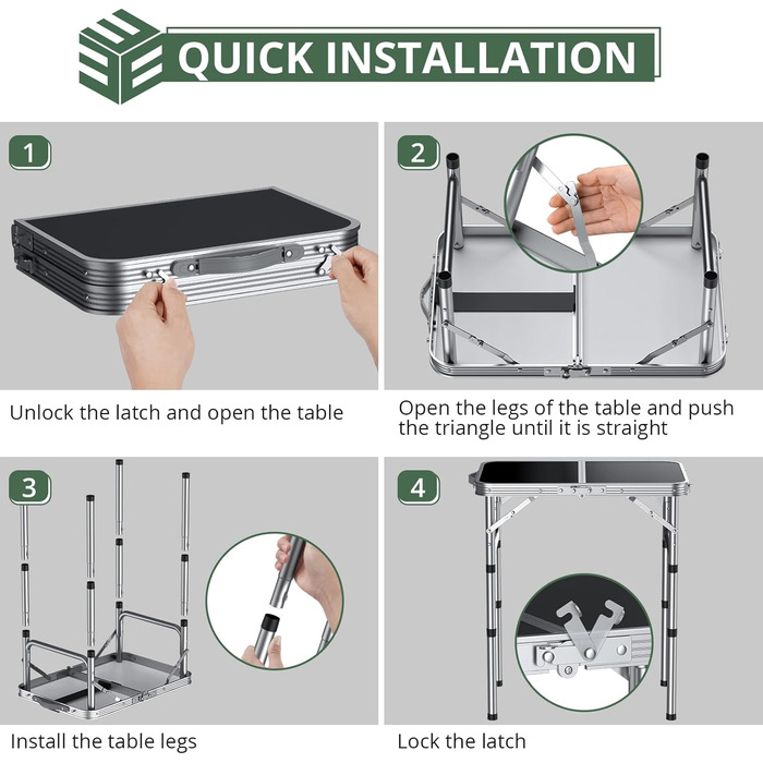 Складаний кемпінговий стіл EYPINS, регульована висота, портативний кемпінговий стіл, маленький складний стіл (58x40 см у 3 рівнях висоти) - чорно-сріблястий, алюмінієвий каркас - для кемпінгу, саду, пікніка та використання на свіжому повітрі, стільниця з 